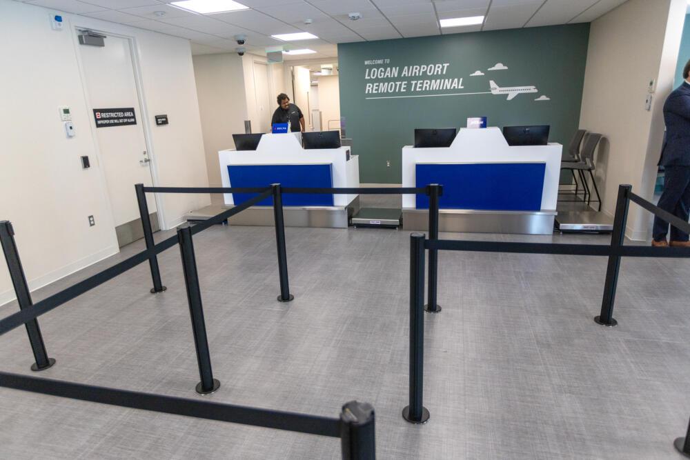 The check in counter at the new Logan Airport Remote Terminal in Framingham. (Jesse Costa/WBUR)
